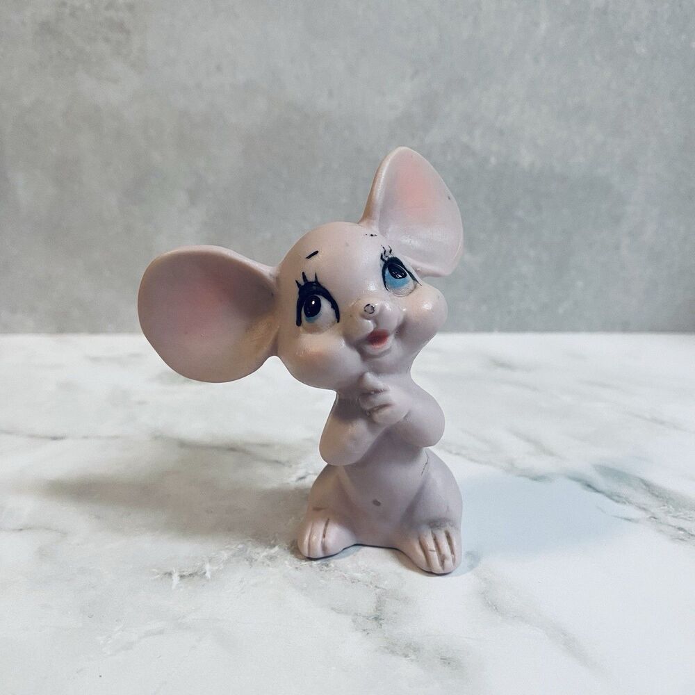 Vintage Kitsch Pink Ceramic Big Ear Mouse Figurine Japan